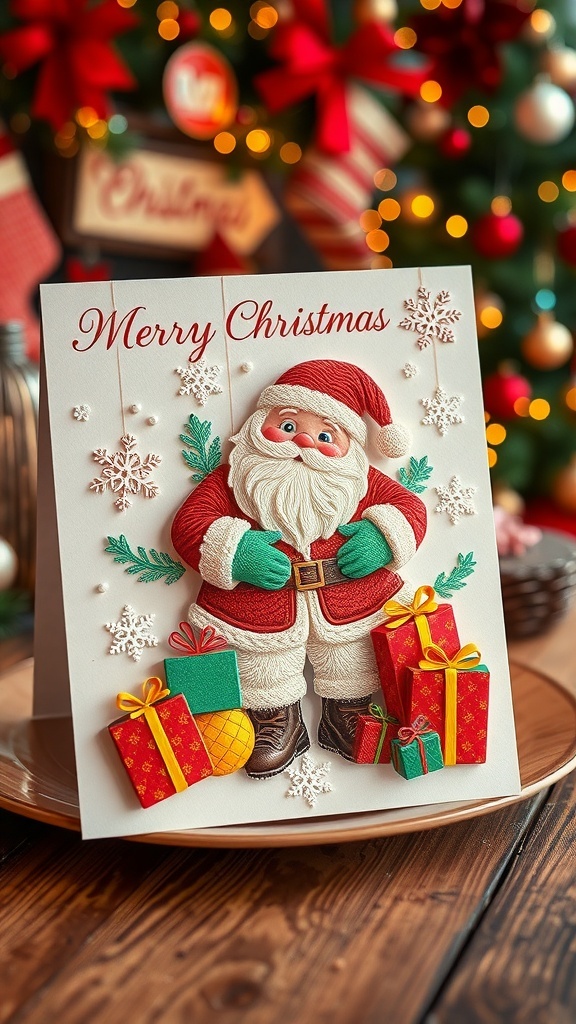 A Christmas card with Santa Claus design, decorated with snowflakes and gifts on a wooden table.